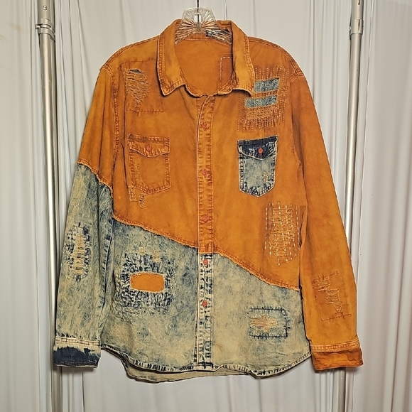 Imperious Other - Vintage 90's Y2K Imperious Mens Orange Blue Denim Acid Distressed Wash Shirt XL